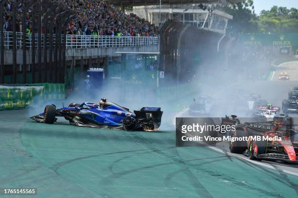 Alexander Albon of Thailand and Williams Racing crashes out at the start during the F1 Grand Prix of Brazil at Autodromo Jose Carlos Pace on November...