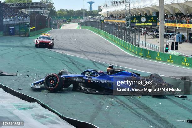 Alexander Albon of Thailand and Williams Racing crashes out at the start during the F1 Grand Prix of Brazil at Autodromo Jose Carlos Pace on November...