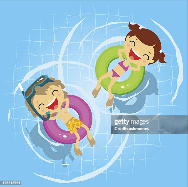 two kids in the swimming pool - rubber ring stock illustrations