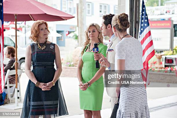 Trismus Story" Episode 512 -- Pictured: Frances Conroy as Blythe Ballard, Laura Bell Bundy as Gina, Paulo Costanzo as Evan Lawson, Brooke D'Orsay as...