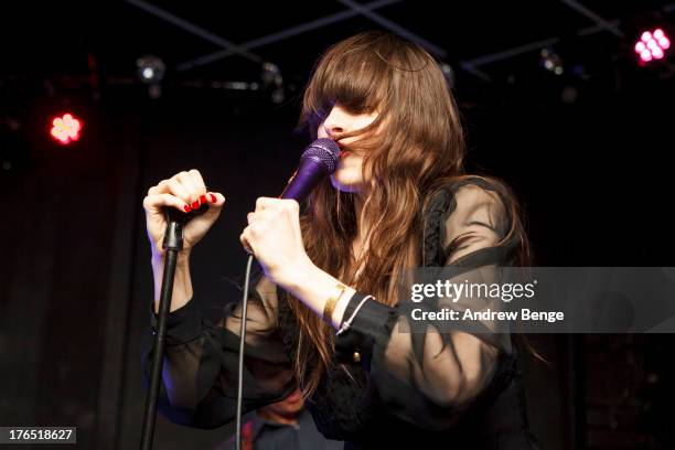 Teri Gender Bender of Bosnian Rainbows performs on stage at Brudenell Social Club on August 14, 2013 in Leeds, England.