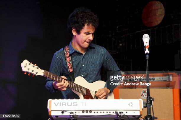 Omar Rodriguez Lopez of Bosnian Rainbows performs on stage at Brudenell Social Club on August 14, 2013 in Leeds, England.