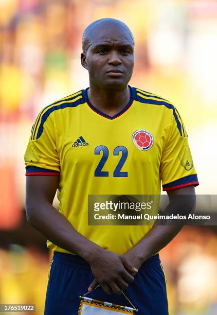 Aquivaldo Mosquera of Colombia lines up ahead of the International Friendly match between Colombia and Serbia at the Mini Estadi Stadium on August...