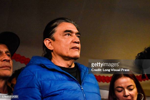 Mayoral candidate for the political alliance 'Pacto Historico' Gustavo Bolivar, speaks to the media after loosing the regional elections, in Bogota,...