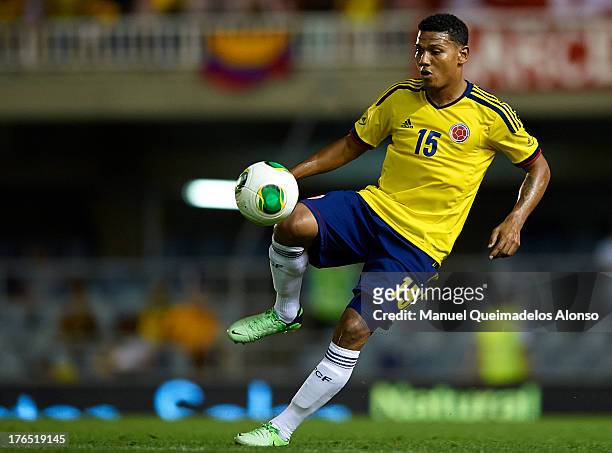 Edwin Valencia of Colombia controls the ball during the International Friendly match between Colombia and Serbia at the Mini Estadi Stadium on August...