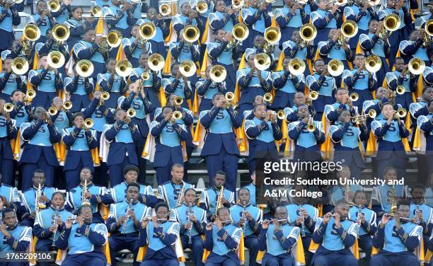Southern University's Band performs in the stands during a Southwestern Athletic Conference game between Southern Jaguars and Jackson State Tigers at...