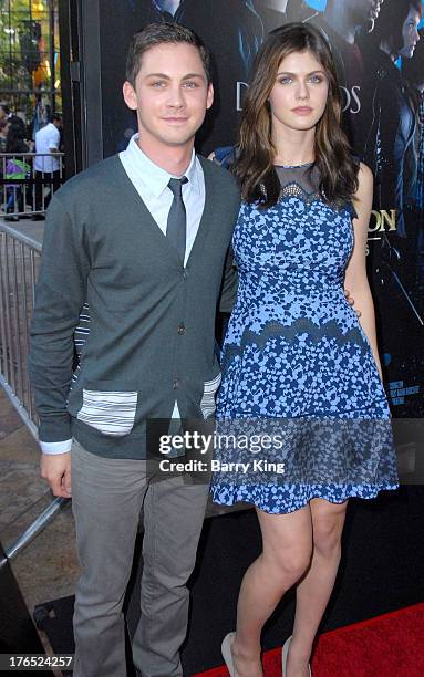 Actor Logan Lerman and actress Alexandra Daddario attend the premiere of 'Percy Jackson: Sea Of Monsters' on July 31, 2013 at The Americana at Brand...