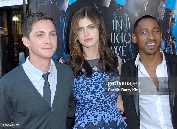 Actors Logan Lerman, Alexandra Daddario and Brandon T. Jackson attend the premiere of 'Percy Jackson: Sea Of Monsters' on July 31, 2013 at The...