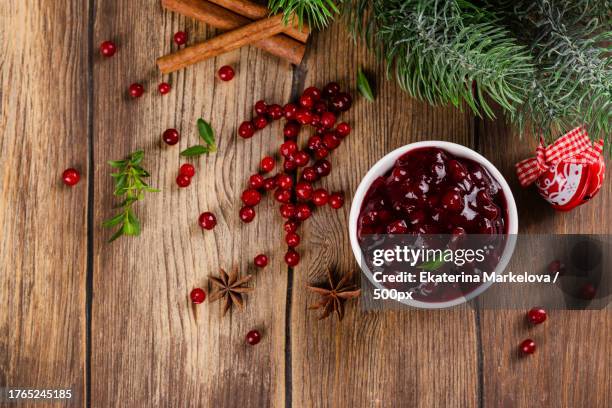 directly above shot of fruits and drink on table - canned cranberry stock pictures, royalty-free photos & images