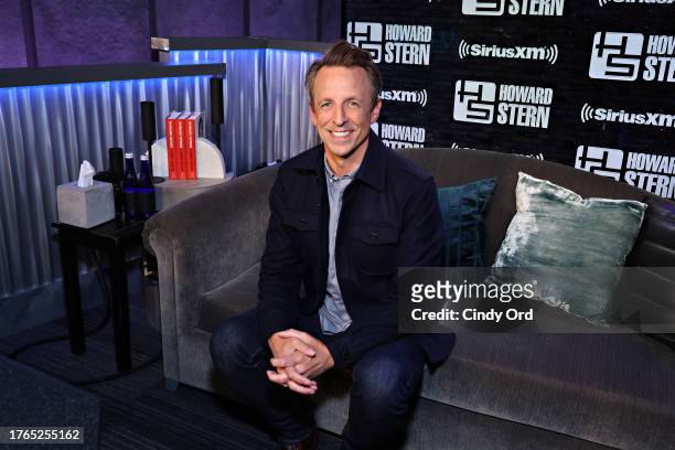 Seth Meyers visits SiriusXM's 'The Howard Stern Show' at SiriusXM Studios on October 30, 2023 in New York City.