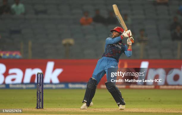 Azmatullah Omarzai of Afghanistan plays a shot during the ICC Men's Cricket World Cup India 2023 between Afghanistan and Sri Lanka at MCA...