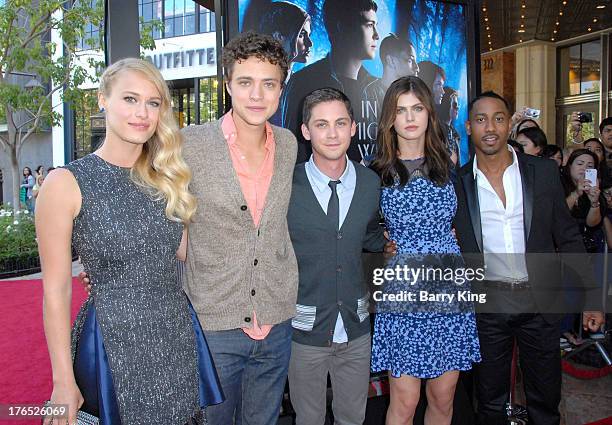 Actors Leven Rambin, Douglas Smith, Logan Lerman, Alexandra Daddario and Brandon T. Jackson attend the premiere of 'Percy Jackson: Sea Of Monsters'...