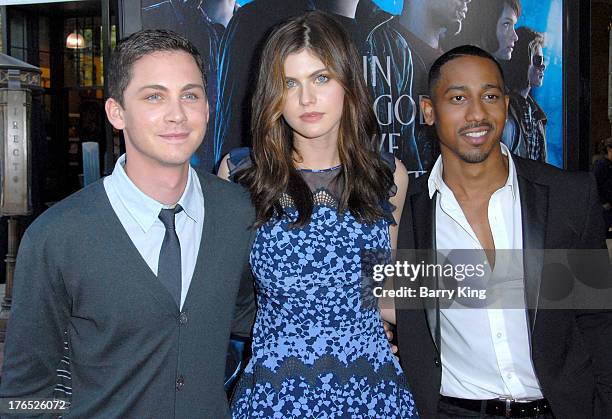 Actors Logan Lerman, Alexandra Daddario and Brandon T. Jackson attend the premiere of 'Percy Jackson: Sea Of Monsters' on July 31, 2013 at The...