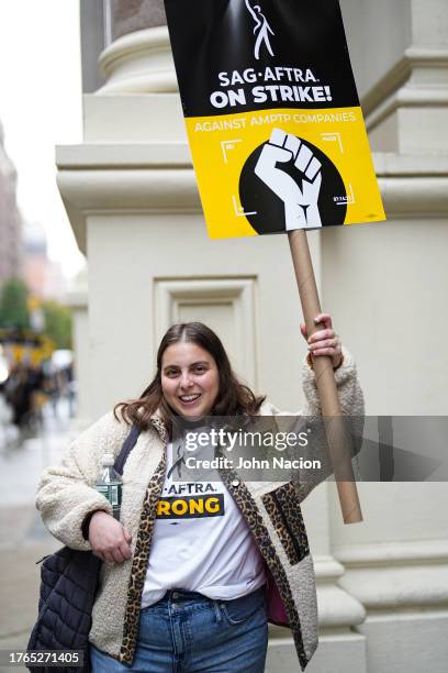 Beanie Feldstein joins SAG-AFTRA members on strike on October 30, 2023 in New York City. The strike, which began on July 14, entered its 100th day on...