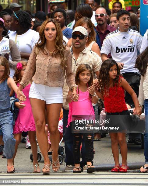Melissa Gorga, Joe Gorga, Milania Giudice and Antonia Gorga seen on the streets of Manhattan after attending ANNIE the Musical on August 14, 2013 in...