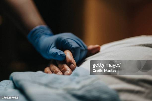 medical staff wearing surgical glove holding hand of patient at clinic - ospizio foto e immagini stock