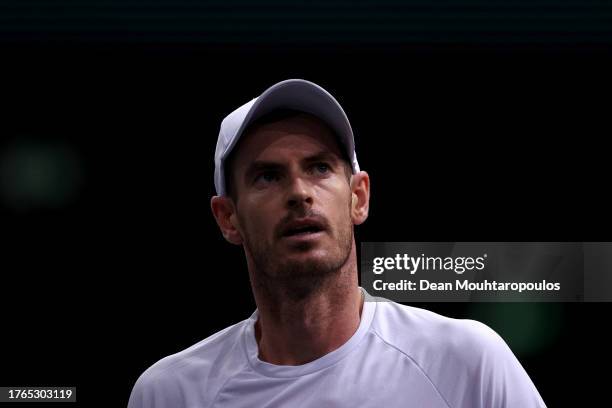 Andy Murray of Great Britain reacts in his match against Alex de Minaur of Australia during Day One of the Rolex Paris Masters ATP Masters 1000 at...