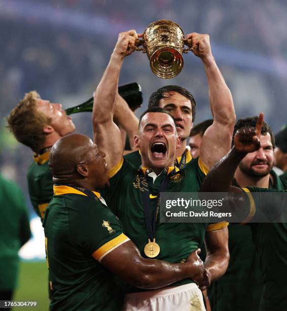 Jesse Kriel of South Africa, raises the Webb Ellis Cup after their victory during the South Africa captain's run held at Stade des Fauvettes ahead of...