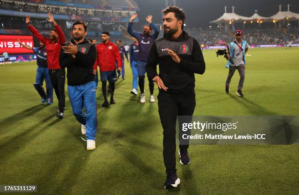 Rashid Khan of Afghanistan celebrates following the ICC Men's Cricket World Cup India 2023 between Afghanistan and Sri Lanka at MCA International...