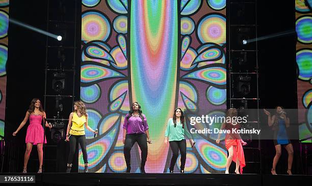 Singers Aubrey Cleland, Angie Miller, Candice Glover, Kree Harrison, Jennel Arthur, and Amber Holcomb performs during American Idol Live! 2013>> at...