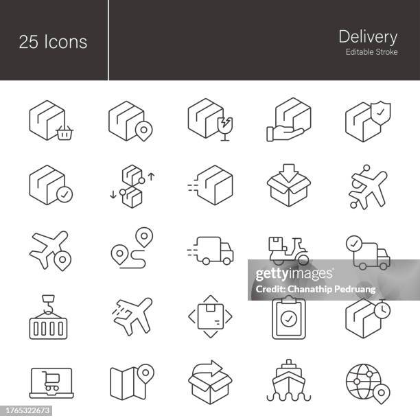 delivery graphic design icon set. 25 editable stroke vector graphic elements, stock illustration icon, parcel, shipping, cargo, logistics, truck, box - white empty warehouse stock illustrations