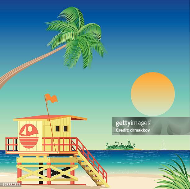 illustrazioni stock, clip art, cartoni animati e icone di tendenza di miami beach - cabina del guardaspiaggia