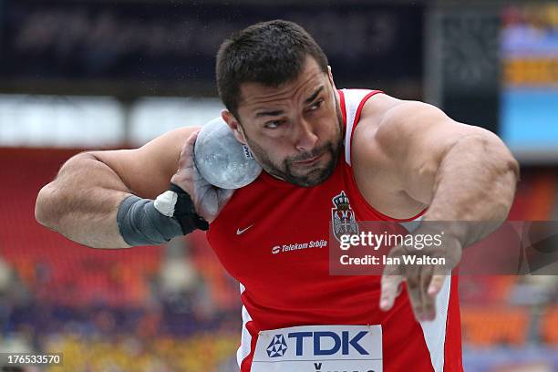 Asmir Kolasinac of Serbia competes in the Men's Shot Put qualification during Day Six of the 14th IAAF World Athletics Championships Moscow 2013 at...