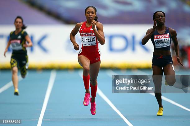 Allyson Felix of the United States ans Myriam Soumare of France compete in the Women's 200 metres heats during Day Six of the 14th IAAF World...