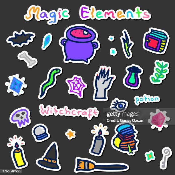 magic elements - witchcraft icon - spooky scary sticker set - halloween doodle background - funny little things doodle art - cute halloween icon set - funny magical witch cartoon - witch craft stock illustrations