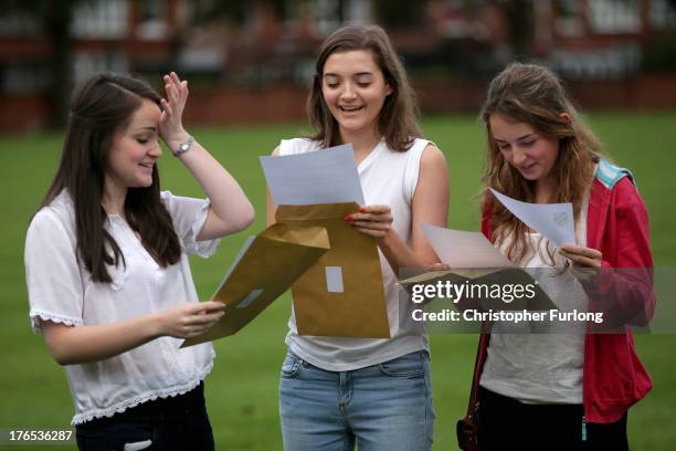 Withington Independent Girls School pupils Helen Carrington Eliza Rooney, 17 and Rebecca Gray celebrate achieving four A* each in their A level exams...