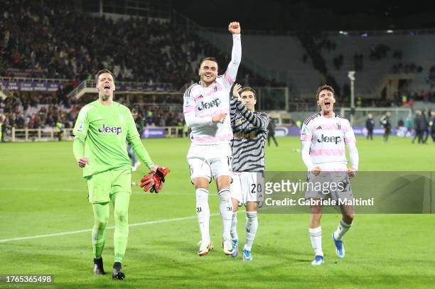 Wojciech Szczesny goalkeeper Filip Kostic Fabio Miretti and Andrea Cambiaso of Juventus greets the fans after during the Serie A TIM match between...