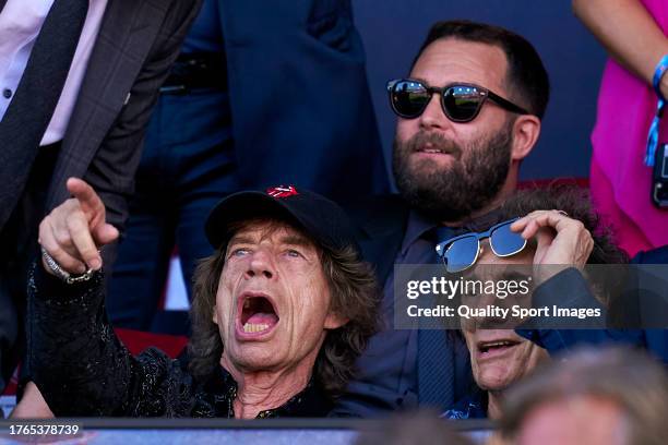 Mick Jagger and Roonie Wood of the Rolling Stones are seen in attendance as FC Barcelona debut their limited edition match shirt featuring the...