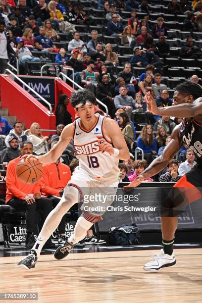 Yuta Watanabe of the Phoenix Suns drives to the basket during the game against the Detroit Pistons on November 5, 2023 at Little Caesars Arena in...