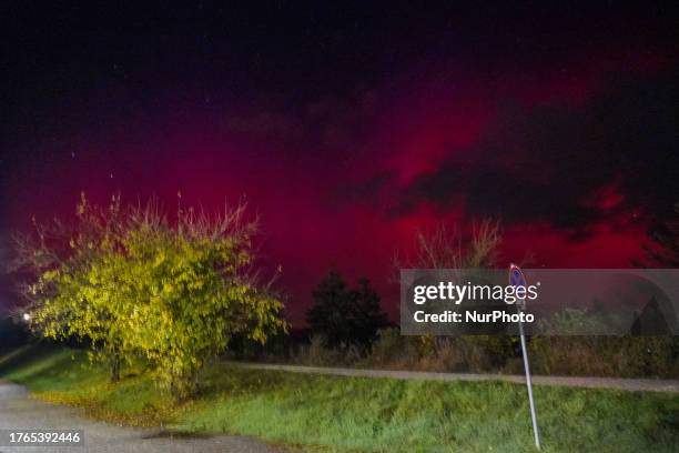 Northern lights or aurora borealis over the Bukk Mountains are seen in Bogacs, Hungary on 5 November 2023