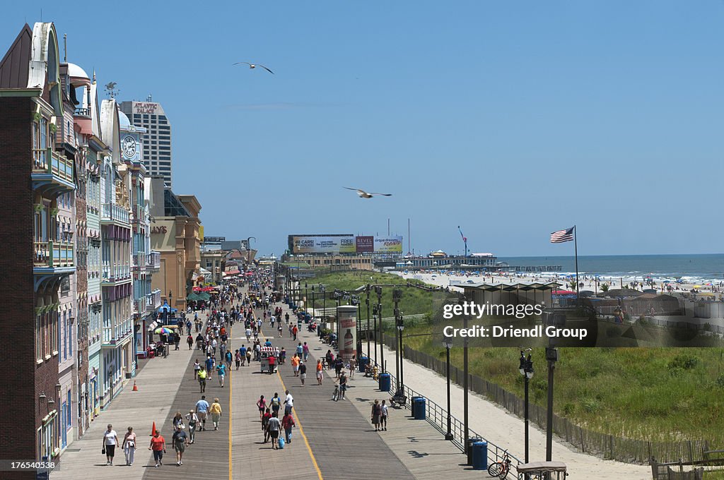 Elevated view of the Atlantic City Boardwalk.