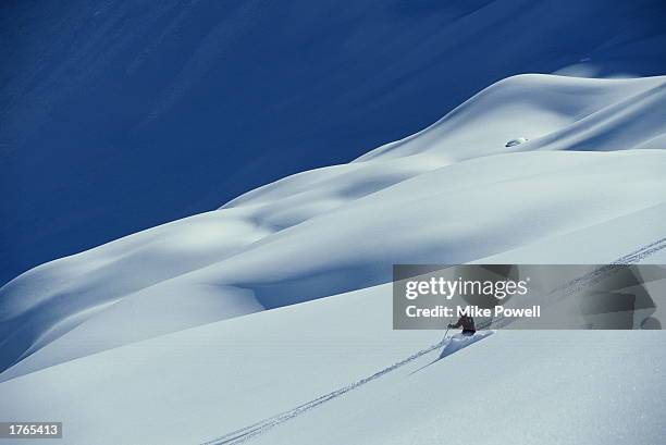 Skier on slope, rear view