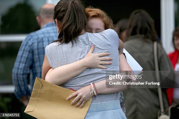 Withington Independent Girls School pupils Charlotte Senn and Elleanor Cotton, both aged 18, embrace after receiving their A level results on August...