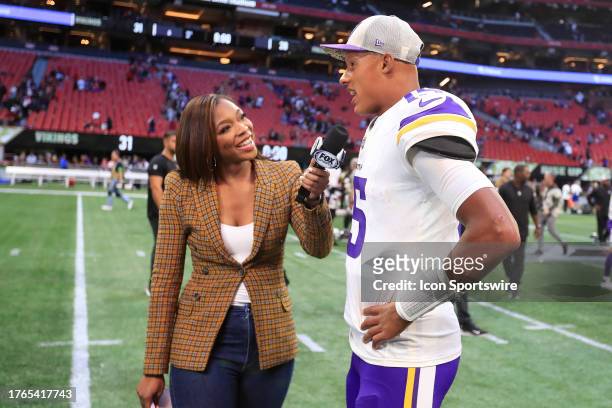 Kristina Pink interviews Minnesota Vikings quarterback Joshua Dobbs after the week 9 Sunday afternoon NFL football game between the Atlanta Falcons...