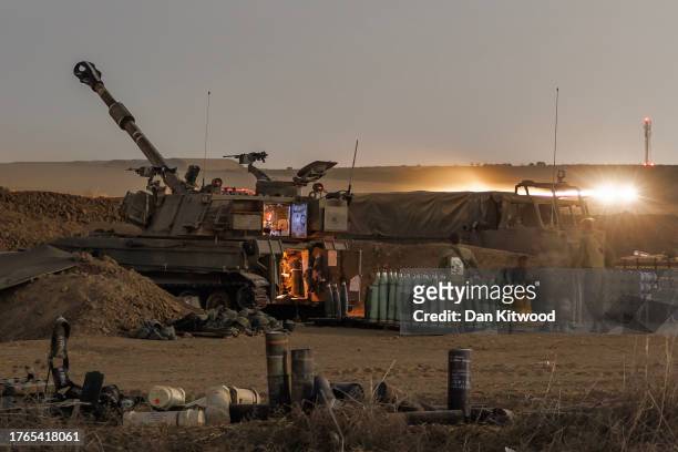Mobile artillery prepares to fire towards the Gaza strip on October 30, 2023 in Netivot, Israel. As Israel's response to Hamas's Oct 7 attacks...