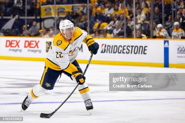 Tyson Barrie of the Nashville Predators shoots the puck against the Toronto Maple Leafs during the third period at Bridgestone Arena on October 28,...