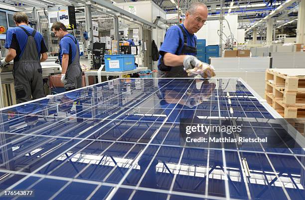 Worker checks finished solar energy moduls at the Solarworld plant on August 14, 2013 in Freiberg, Germany. The troubled solar cells, modules and...