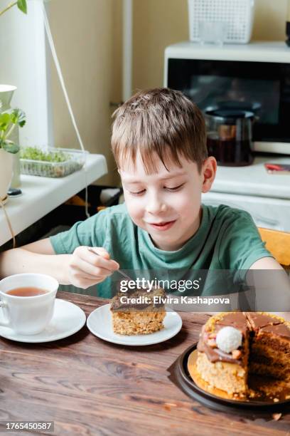 10-year-old boy eats a chocolate bento cake with a spoon at a wooden table in the kitchen, near the window. - serving size stock pictures, royalty-free photos & images