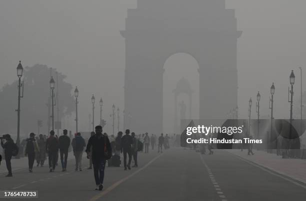 Thick layer of smog on Kartavya Path as Delhi's air quality remains very poor on November 5, 2023 in New Delhi, India. Stringent measures were...