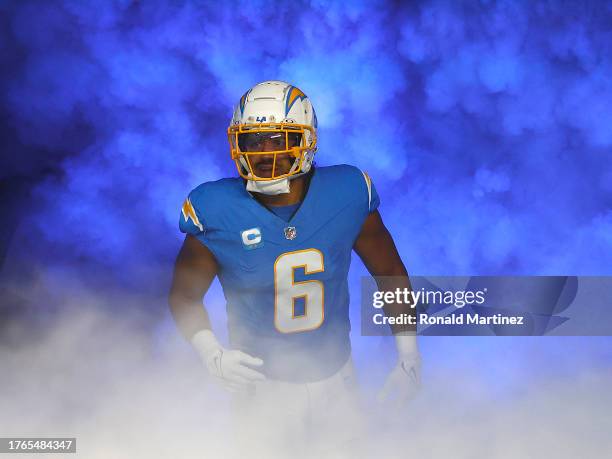 Eric Kendricks of the Los Angeles Chargers during player introductions at SoFi Stadium on October 29, 2023 in Inglewood, California.