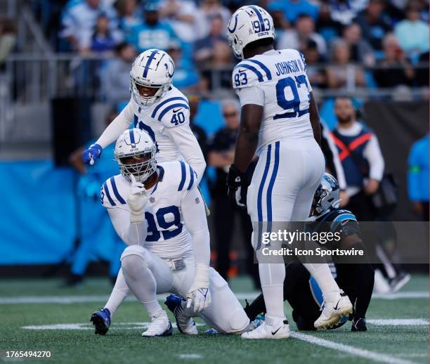 Indianapolis Colts defensive tackle DeForest Buckner reacts after sacking Carolina Panthers quarterback Bryce Young during a NFL game between the...