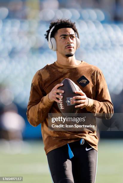 Carolina Panthers quarterback Bryce Young warms up prior to the start of the NFL game between the Indianapolis Colts and the Carolina Panthers on...