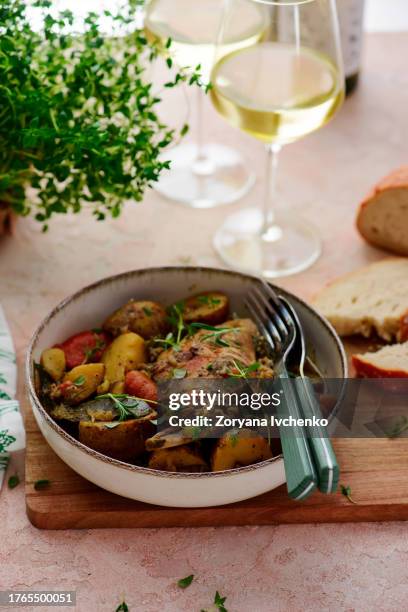 braised rabbit with vegetables - pot roast stock pictures, royalty-free photos & images