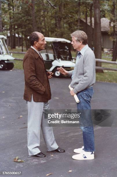 President Carter Has A Discussion With Egyptian President Anwar al Sadat Outside At Camp David.