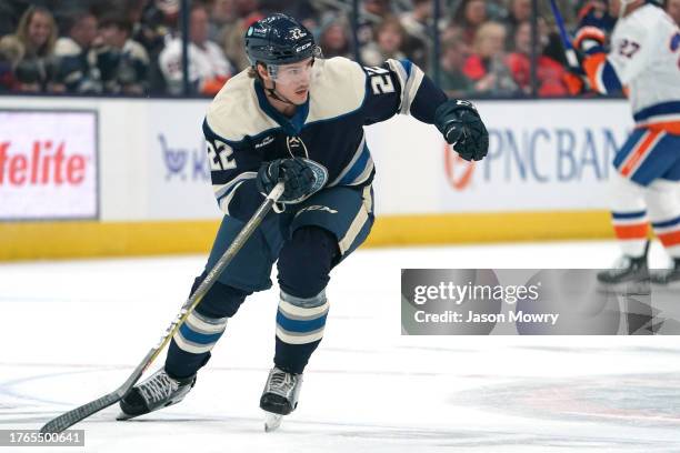 Jake Bean of the Columbus Blue Jackets skates during the first period against the New York Islanders at Nationwide Arena on October 28, 2023 in...