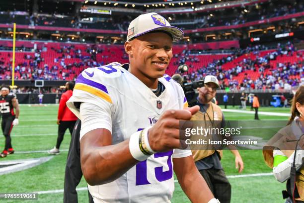 Minnesota quarterback Joshua Dobbs reacts following the conclusion of the NFL game between the Minnesota Vikings and the Atlanta Falcons on November...